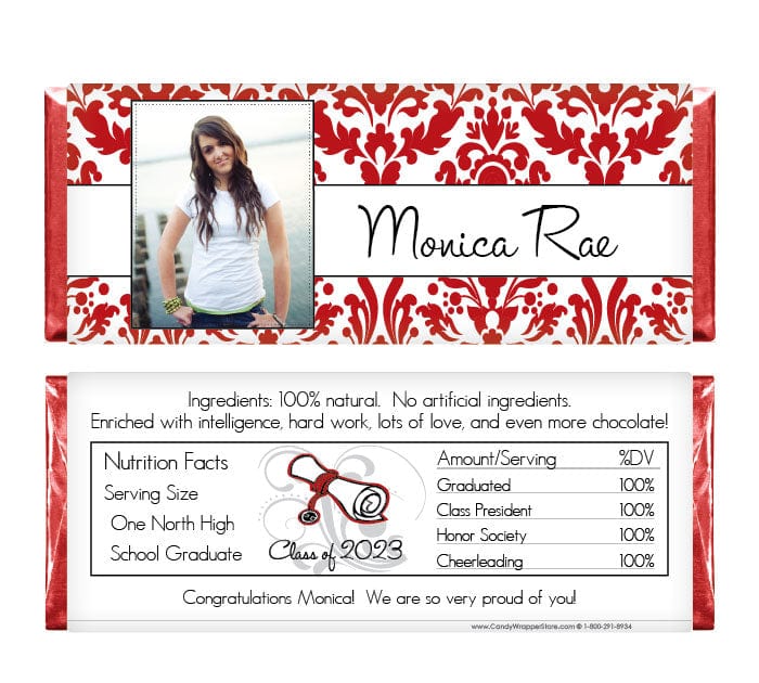 GRAD416PHOTO - Damask Graduation Photo Candy Bar Wrappers Damask Graduation Photo Candy Bar Wrappers Party Favors GRAD416