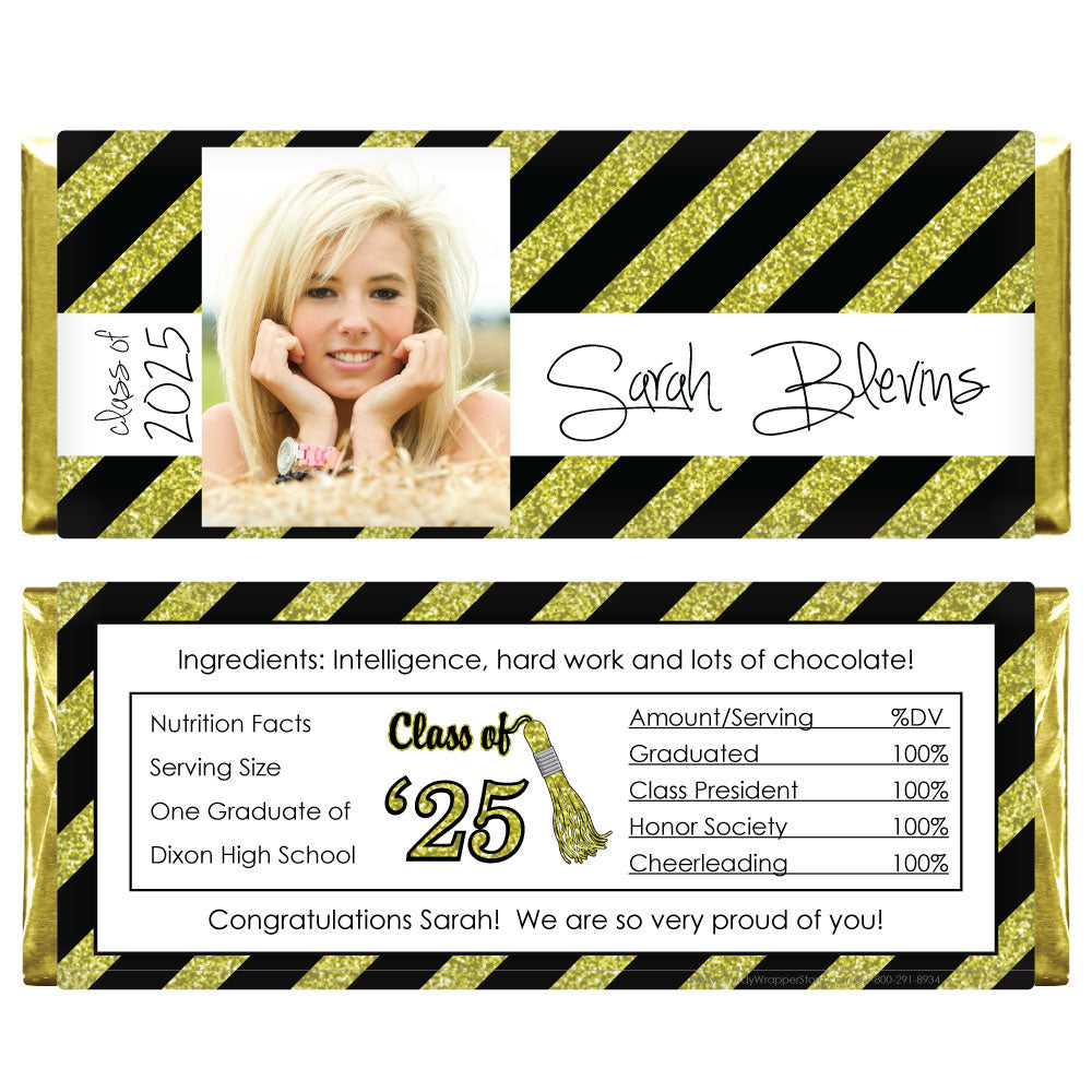 GRAD417gold - Graduation Slanting Gold Glitter Stripes Photo Wrapper Graduation Slanting Gold Glitter Stripes Photo Wrapper Party Favors Candy Wrapper Store