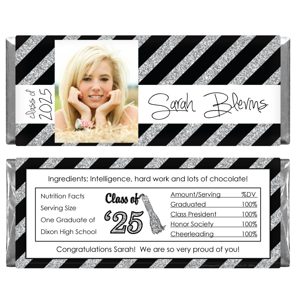 GRAD417silver - Graduation Slanting Silver Glitter Stripes Photo Wrapper Graduation Slanting Silver Glitter Stripes Photo Wrapper Party Favors Candy Wrapper Store