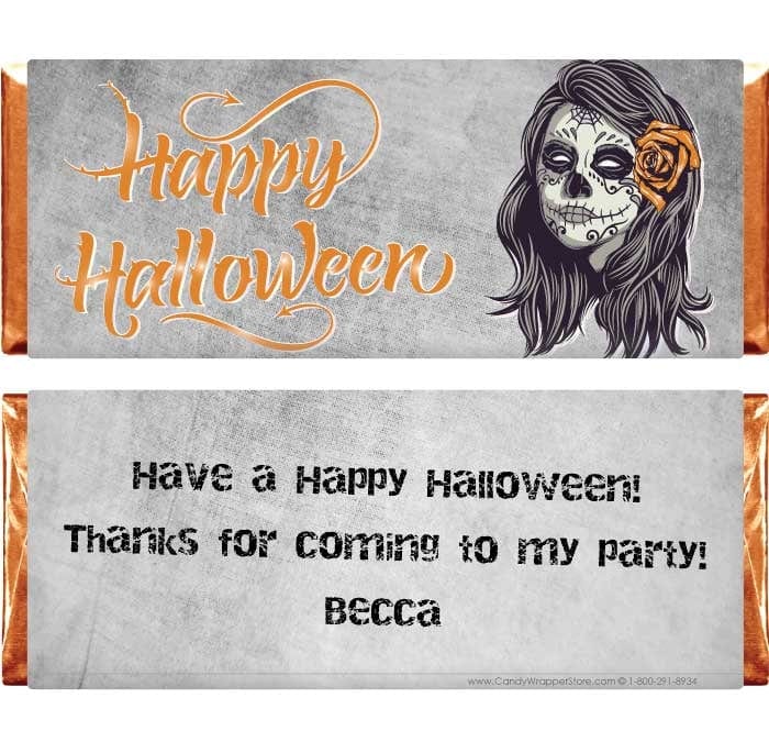 HAL225 - Pretty Grunge Sugar Skull with Rose in Hair Halloween Candy Wrapper Pretty Grunge Sugar Skull with Rose in Hair Halloween Candy Wrapper Party Supplies HAL225