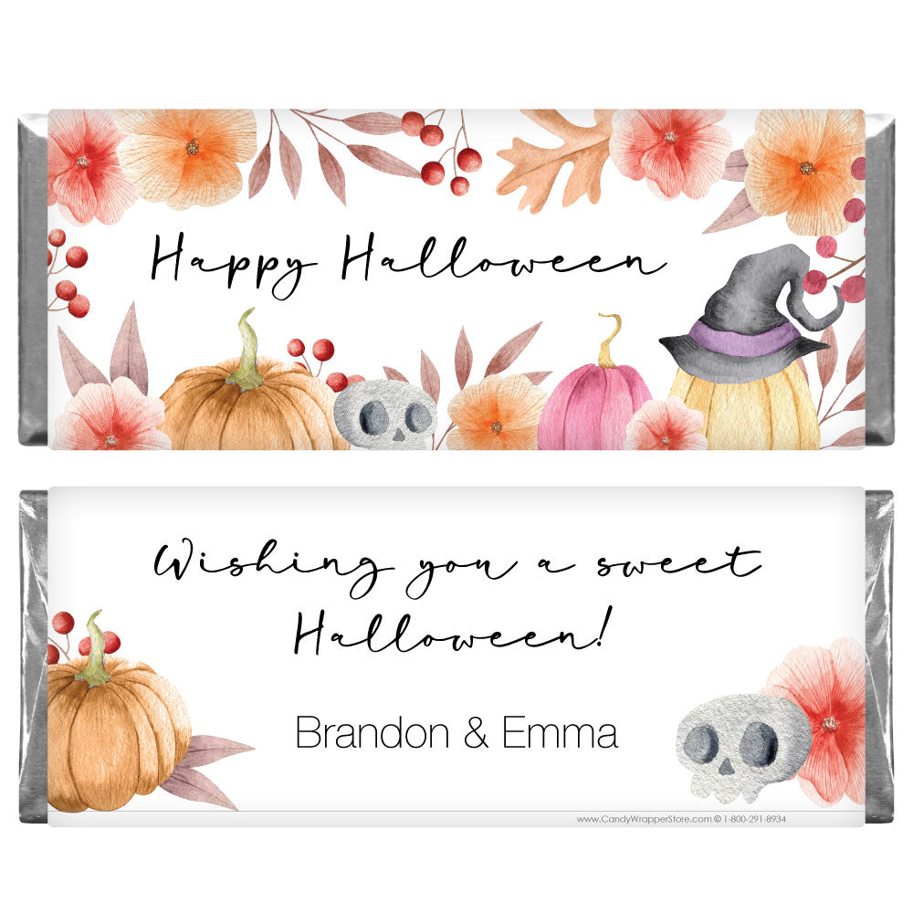 HAL234 - Watercolor Pumpkins and Floral Halloween Candy Bar Wrapper Watercolor Pumpkins and Floral Halloween Candy Bar Wrapper Party Supplies HAL234