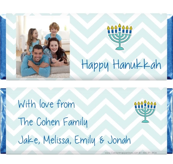 HAN201photo - Happy Hanukkah with photo and Menorah Regular Size Wrappers Happy Hanukkah with Menorah and Photo Regular Size Wrappers Candy Wrapper Store