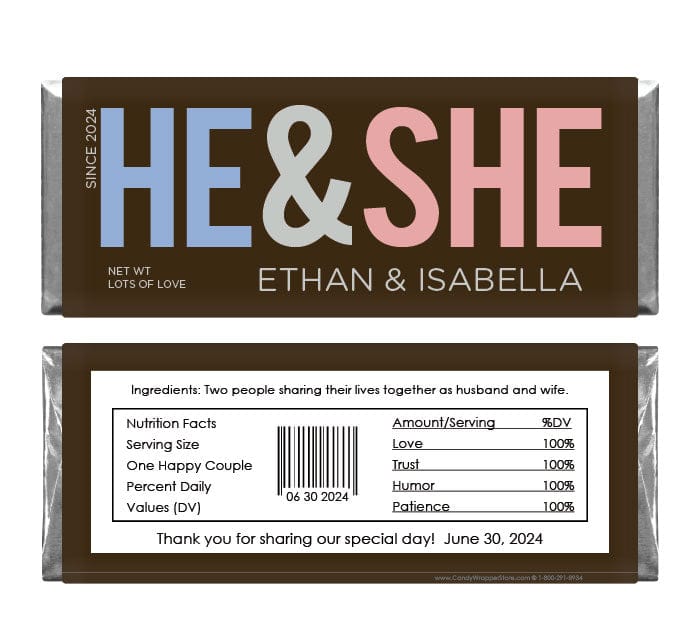 HE&SHE Wedding Candy Bar Wrapper - WA481 HE&SHE Wedding Candy Bar Wrapper Wedding Favors WA481