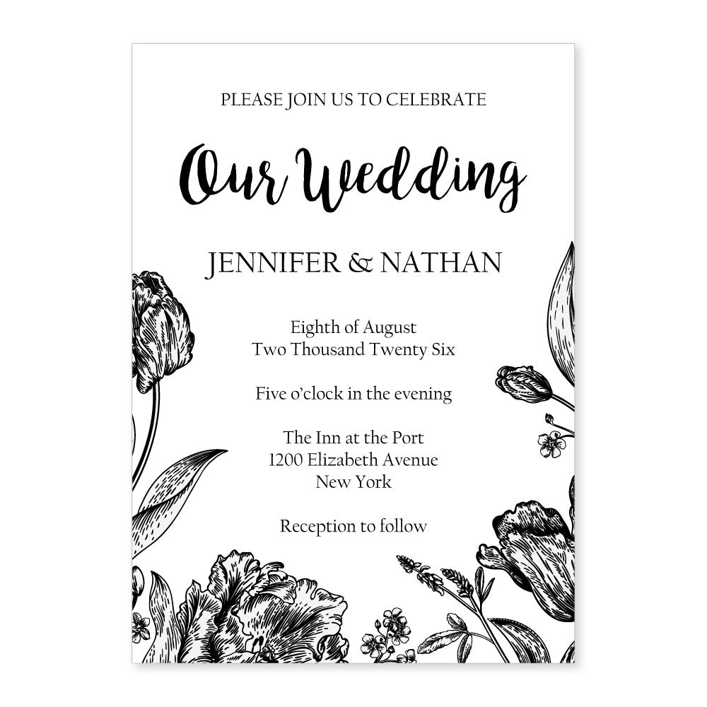 INVWA100 - Sketched Black Botanical Wedding Invitations Sketched Black Botanical Wedding Invitations Candy Wrapper Store