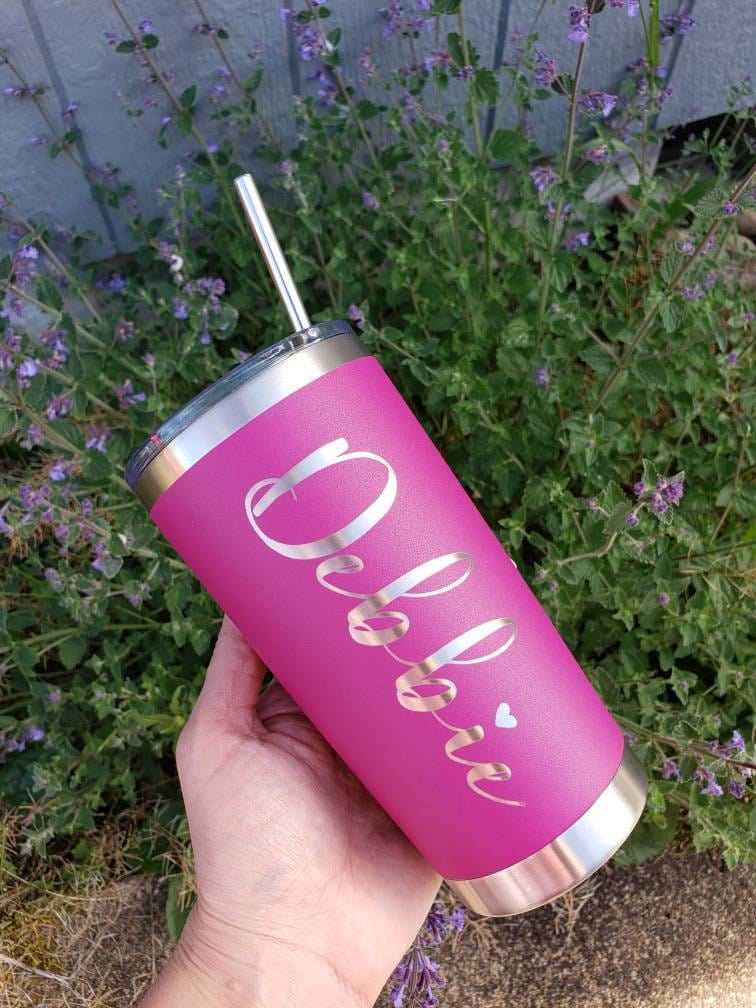 Laser Engraved Script Name Tumbler - 20oz Hot Tumbler with Silver Stainless Straw Laser Engraved Script Name Tumbler - 20oz Hot Tumbler with Stainless Straw Mugs Candy Wrapper Store