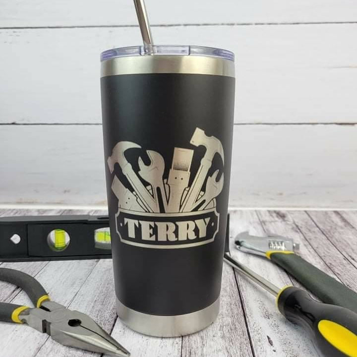 Laser Engraved Tumbler with Tools Graphic and Name Mugs Candy Wrapper Store