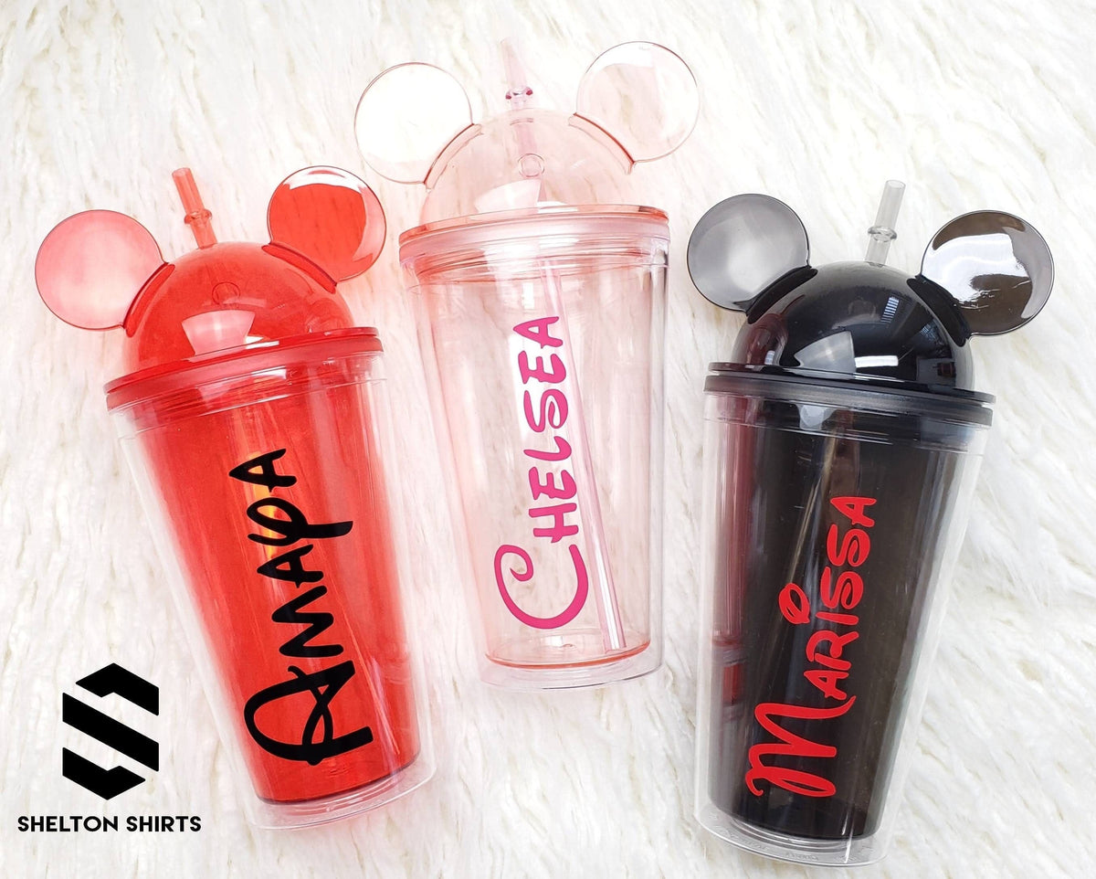 Mickey Mouse Ears Tumbler with Personalized Name Decal - Double Wall high grade 16 oz acrylic tumbler with colored straw Mugs Candy Wrapper Store