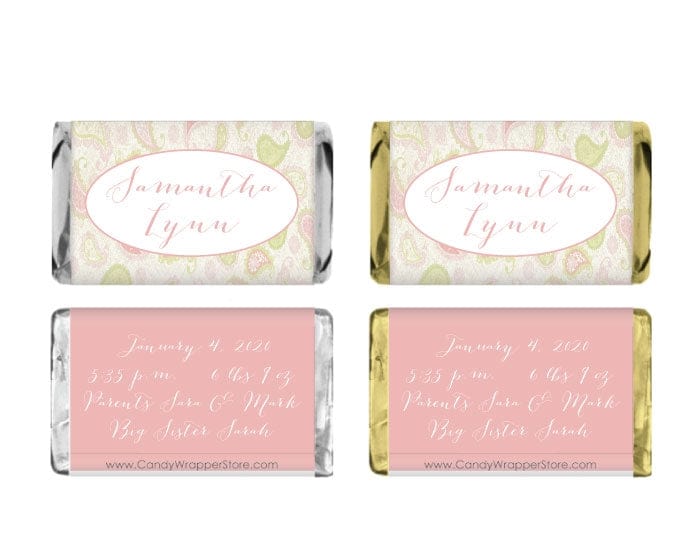 MINI202G - Miniature Baby Girl Paisley Wrappers Miniature It's a Girl Birth Announcement Candy Bar Wrappers Birth Announcement BAG202