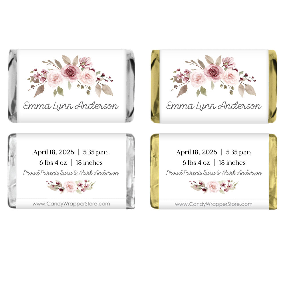 MINI202G - Miniature Baby Girl Paisley Wrappers Miniature It's a Girl Birth Announcement Candy Bar Wrappers Birth Announcement BAG202