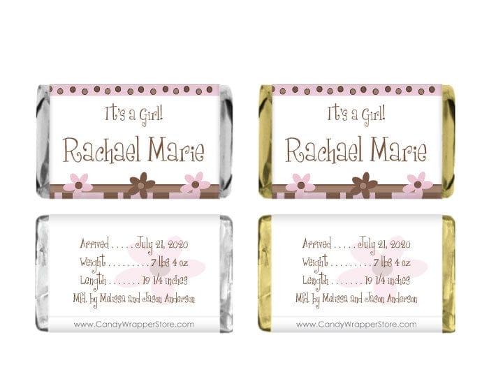 MINI236G - Miniature Its a Girl Whimsy Flower Pink and Brown Wrappers Miniature Its a Girl Whimsy Flower Pink and Brown Wrappers Candy Wrapper Store