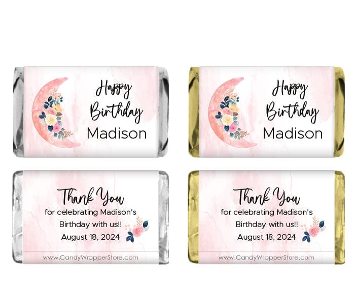 Miniature Pink Crescent Moon Floral Birthday Candy Bar Wrappers Party Favors BD495