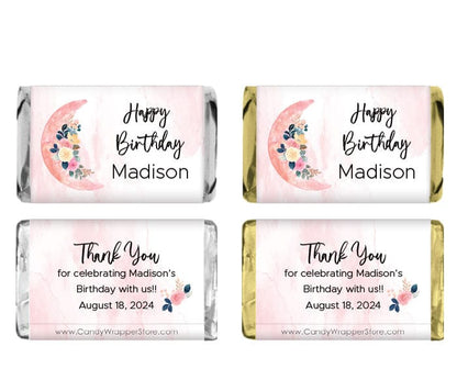 Miniature Pink Crescent Moon Floral Birthday Candy Bar Wrappers Party Favors BD495