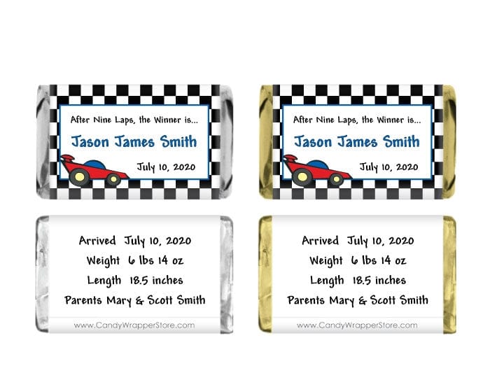 MINIBAB212 - Miniature Baby Boy Race Car Theme Wrappers Miniature Baby Boy Race Car Theme Wrappers Birth Announcement BAB212