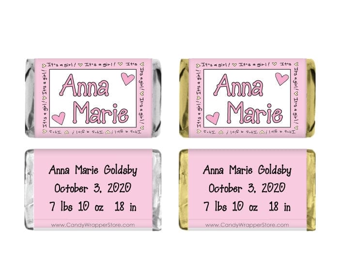 MINIBAG201 - Its a Girl Border Birth Announcement Miniature Wrapper Miniature Girl Birth Announcement Candy Bar Wrappers Birth Announcement BAG201