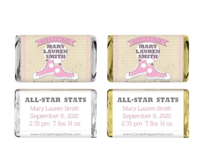 MINIBAG241DBR - Miniature Girly Baseball Birth Announcement Candy Bar Wrapper Miniature Girly Baseball Birth Announcement Candy Bar Wrapper Birth Announcement BAG241