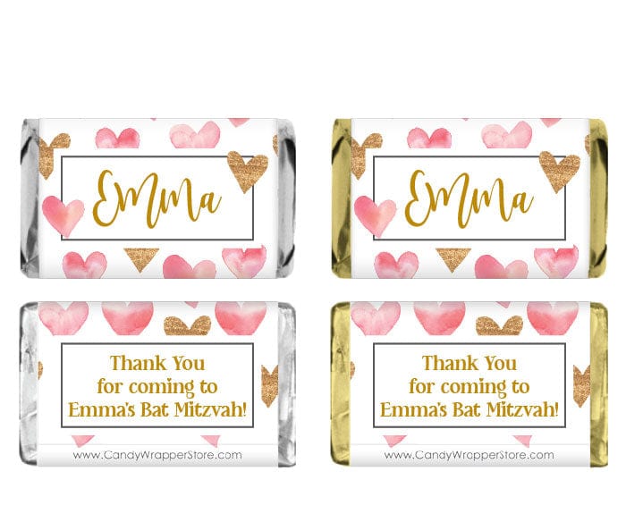 MINIBAT222 - Miniature Pink and Gold Glitter Watercolor Hearts Bat Mitzvah Candy Bar Wrapper Miniature Pink and Gold Glitter Watercolor Hearts Bat Mitzvah Candy Bar Wrapper Party Favors BAT222