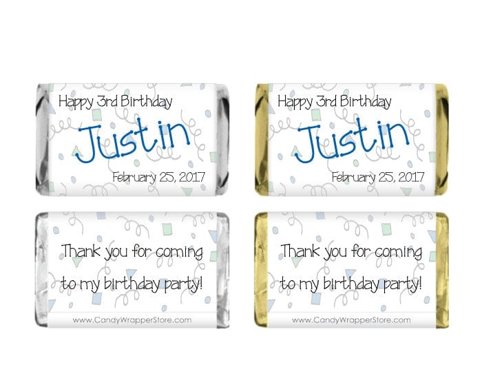 MINIBD221blue - Miniature Blue and Green Confetti Birthday Candy Wrapper Miniature Confetti Birthday Candy Bar Wrappers Party Favors BD221