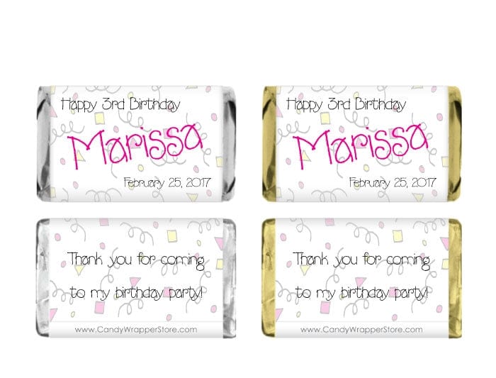 MINIBD221pink - Miniature Pink and Yellow Confetti Birthday Candy Wrapper Miniature Confetti Birthday Candy Bar Wrappers Party Favors BD211