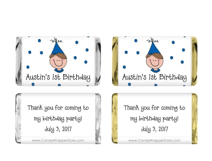 MINIBD245 - Miniature Birthday Boy in his Party Hat Candy Wrappers Miniature Birthday Boy in his Party Hat Candy Bar Wrappers Party Favors BD245