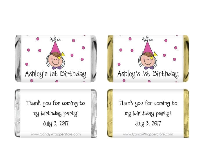 MINIBD246 - Miniature Birthday Girl in her Party Hat Candy Wrappers Miniature Birthday Girl in her Party Hat Candy Wrappers Party Favors BD246