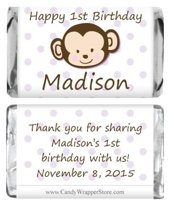 MINIBD299LAV - Miniature Birthday Monkey Candy Bar Wrappers Miniature Birthday Monkey Candy Bar Wrappers Party Favors BD299