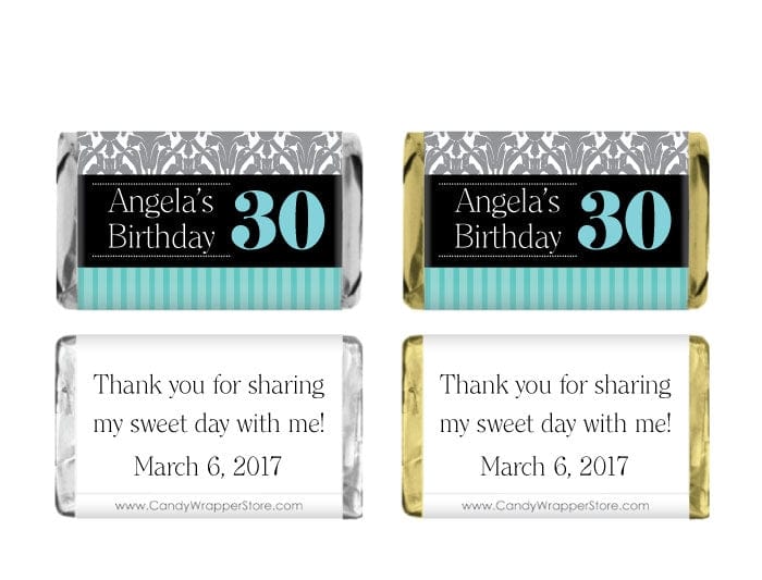 MINIBD315 - Miniature Elegant Damask Candy Bar Wrapper Elegant Damask and Striped Birthday Miniature Candy Bar Wrappers Party Favors BD315