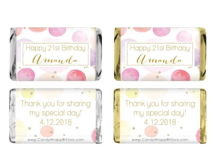 MINIBD391 - Miniature Watercolor Dots and Glitter Birthday Candy Bar Wrappers Miniature Watercolor Dots and Glitter Birthday Candy Bar Wrappers Party Favors BD391