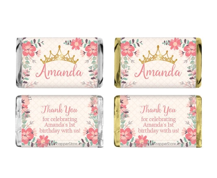 MINIBD431 - Miniature Princess Tiara and Floral Birthday Candy Bar Wrapper Miniature Princess Tiara and Floral Birthday Candy Bar Wrapper Party Favors BD431