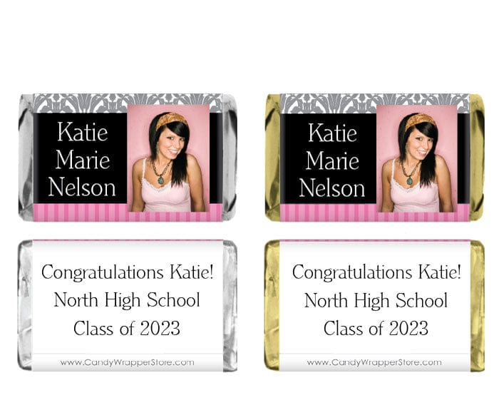 MINIGRAD221photo - Miniature Damask and Stripes Graduation Photo Wrapper Miniature graduation photo candy bar wrappers with damask and stripes Party Favors GRAD221