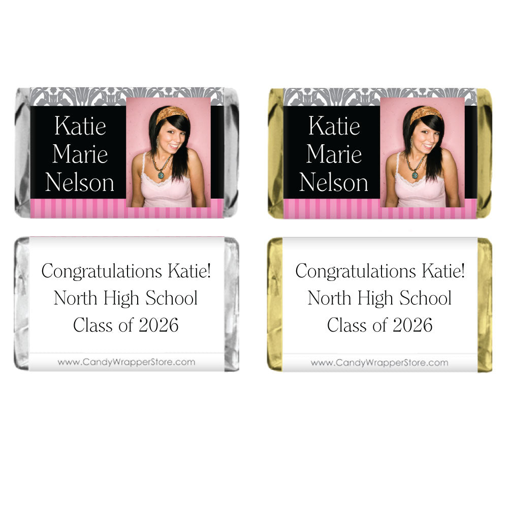 MINIGRAD221photo - Miniature Damask and Stripes Graduation Photo Wrapper Miniature graduation photo candy bar wrappers with damask and stripes Party Favors GRAD221