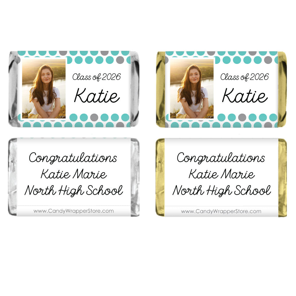 MINIGRAD229photo - Miniature Graduation Polka Dots Photo Candy Bar Wrapper Miniature Graduation Polka Dots Photo Candy Bar Wrapper Party Favors GRAD229