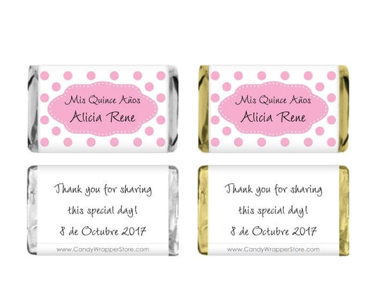 MINIQUIN203 - Miniature Quinceanera Pink Dots Candy Bar Wrappers Miniature Quinceanera Pink Dots Candy Bar Wrappers Party Favors QUIN203