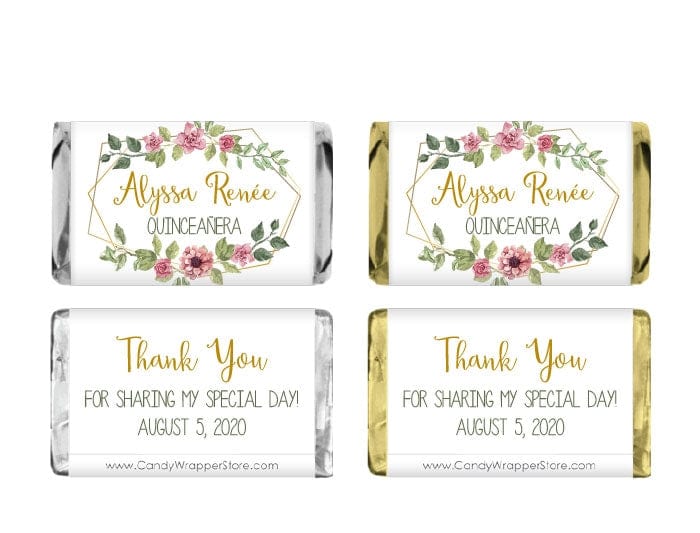 MINIQUIN211 - Miniature Chic Floral Frame Quinceanera Candy Bar Wrappers Miniature Chic Floral Frame Quinceanera Candy Bar Wrappers Party Favors QUIN211