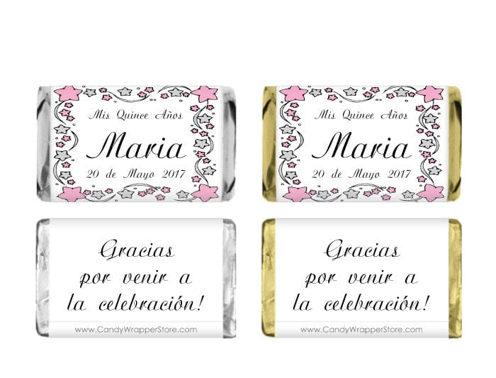 MINIQUIN240 - Miniature Quinceanera Pink and Silver Stars Candy Bar Wrappers Miniature Quinceanera Pink and Silver Stars Candy Bar Wrappers Party Favors QUIN240
