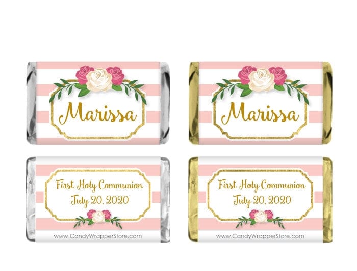 MINIREL384gold - Mini Gold Glitter and Roses Striped Religious Candy Bar Wrapper Mini Gold Glitter and Roses Striped Religious Candy Bar Wrapper REL384