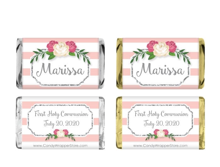 MINIREL384silver - Mini Silver Glitter and Roses Striped Religious Candy Bar Wrapper Mini Silver Glitter and Roses Striped Religious Candy Bar Wrapper REL384