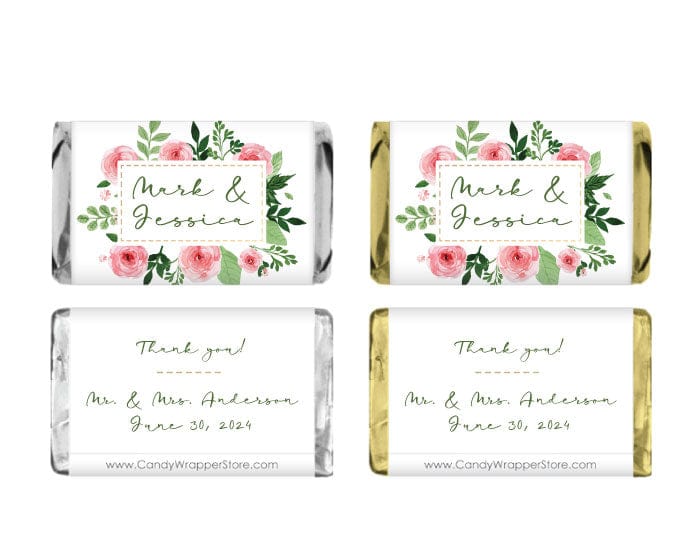 MINIWA224 - Miniature Watercolor Pink Roses with Green Foliage Wedding Candy Bar Wrapper Watercolor Pink Roses with Green Foliage Miniature Candy Bar Wrappers for Weddings. Miniature Size Wrapper WA224