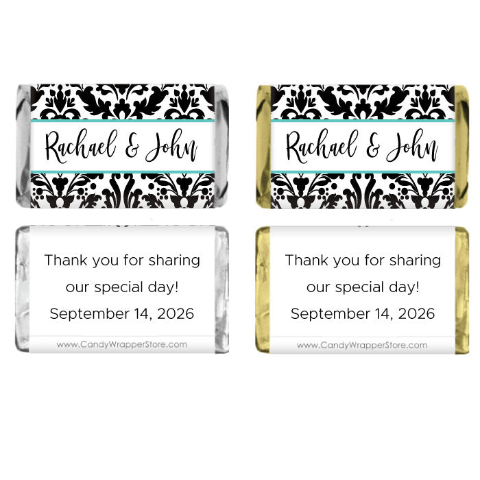MINIWA259TEAL - Miniature Damask Teal and Black Wedding Candy Bar Wrapper Miniature Damask Teal and Black Wedding Candy Bar Wrapper Miniature Size Wrapper WA259