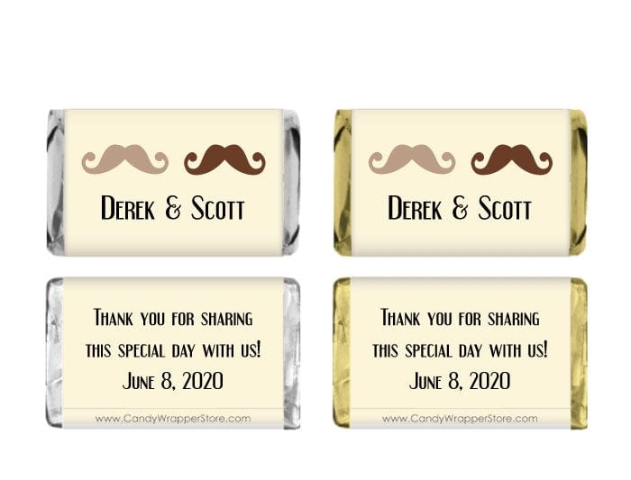 MINIWA292b - Wedding Mustache Candy Bar Miniature Wrapper Wedding Two Mustache Candy Bar Miniature Hershey's Candy Bar Wrappers for Wedding or Bridal Shower Miniature Size Wrapper WA292