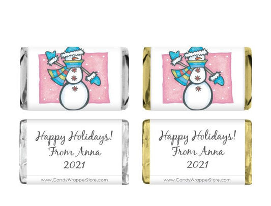MINIXMAS107 - Snowgirl Miniature 2022 Candy Wrappers Pink Snowgirl Holiday Miniature Hershey's 2022 Candy Wrappers XMAS107