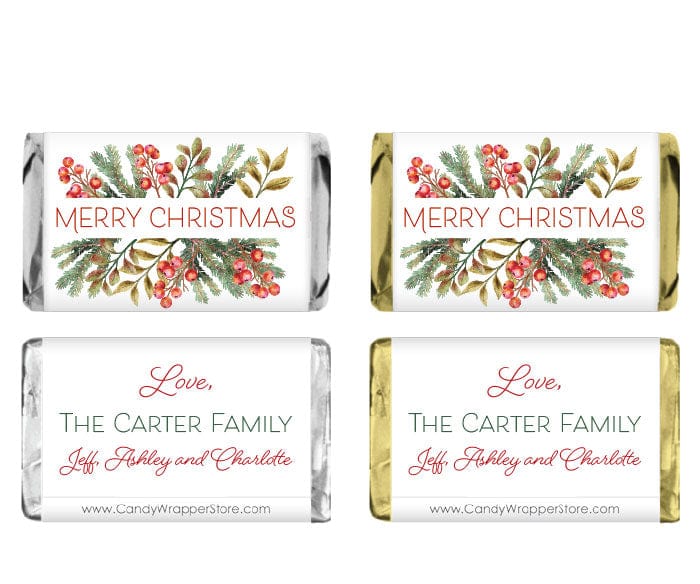 MINIXMAS286 - Pine and Berries Personalized Christmas Miniature Candy Wrapper Pine and Berries Personalized Christmas Miniature Candy Wrapper XMAS286