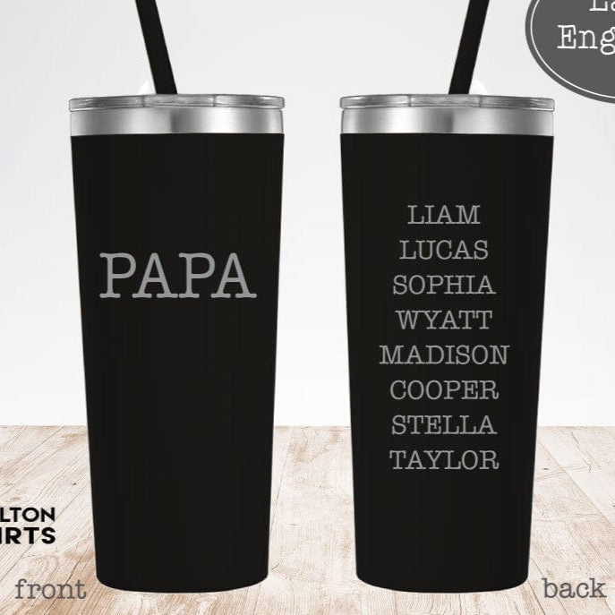 PAPA with Grandkids Names Engraved on Back of Tumbler - Double Wall Insulated Tumbler with Clear Slider Lid & Colored Straw Tumblers Shelton Shirts