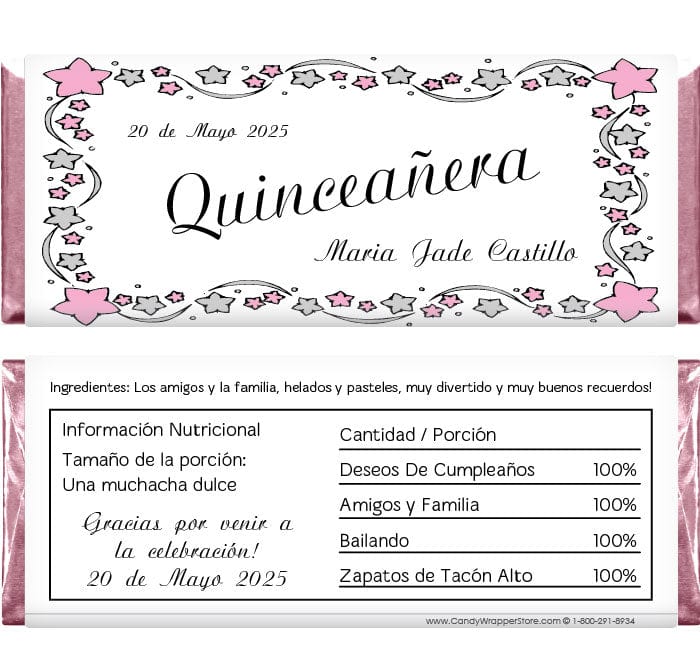 QUIN240 - Quinceanera Pink and Silver Stars Candy Bar Wrappers Quinceanera Pink and Silver Stars Candy Bar Wrappers Candy Wrapper Store