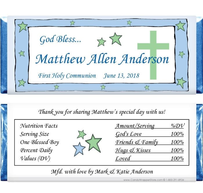 REL206 - Blue Border with Cross Religious Wrapper Blue Border with Cross Religious 1.55 oz Candy Bar Wrappers Candy Wrapper Store