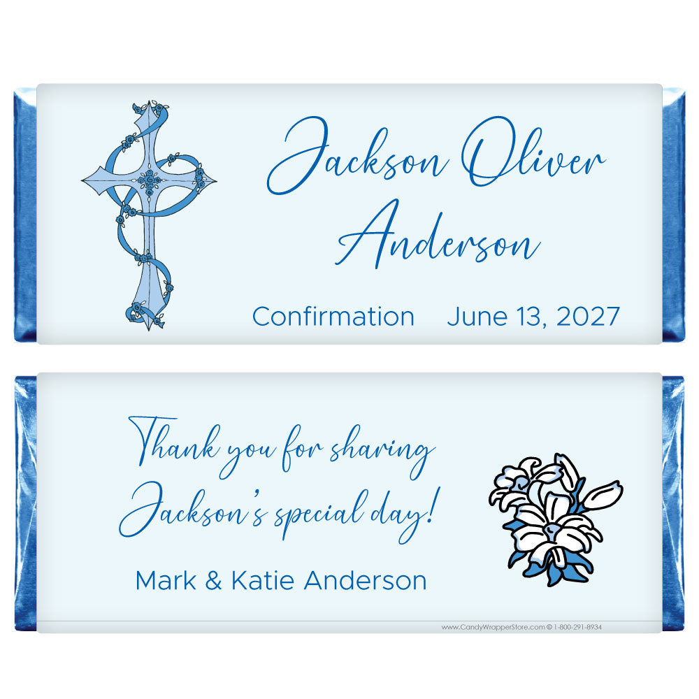 REL216blue - Blue Swirl Cross Wrapper Pretty Cross and Ribbon Swirl Religious 1.55 oz Hershey's Candy Bar Wrappers Candy Wrapper Store