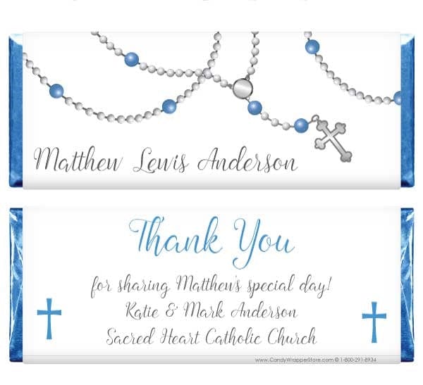 REL230b - Blue Rosary Beads Religious Candy Bar Wrapper Blue Rosary Beads Religious Candy Bar Wrapper Candy Wrapper Store