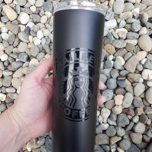 Rose Gold Tumbler with Matte Black Personalized Starbucks Logo Decal Rose Gold Tumbler with Matte Black Personalized Starbucks Logo Decal - 20 oz Double Wall Insulated Tumbler with sipper lid and straw Tumblers Candy Wrapper Store