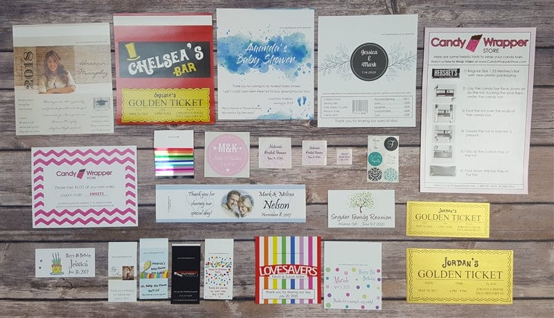 Sample pack of non-personalized wrappers, stickers, water bottle label, golden ticket and foil & ink color swatches Wedding, Birthday, Birth Announcement Sample Pack Party Favors Candy Wrapper Store