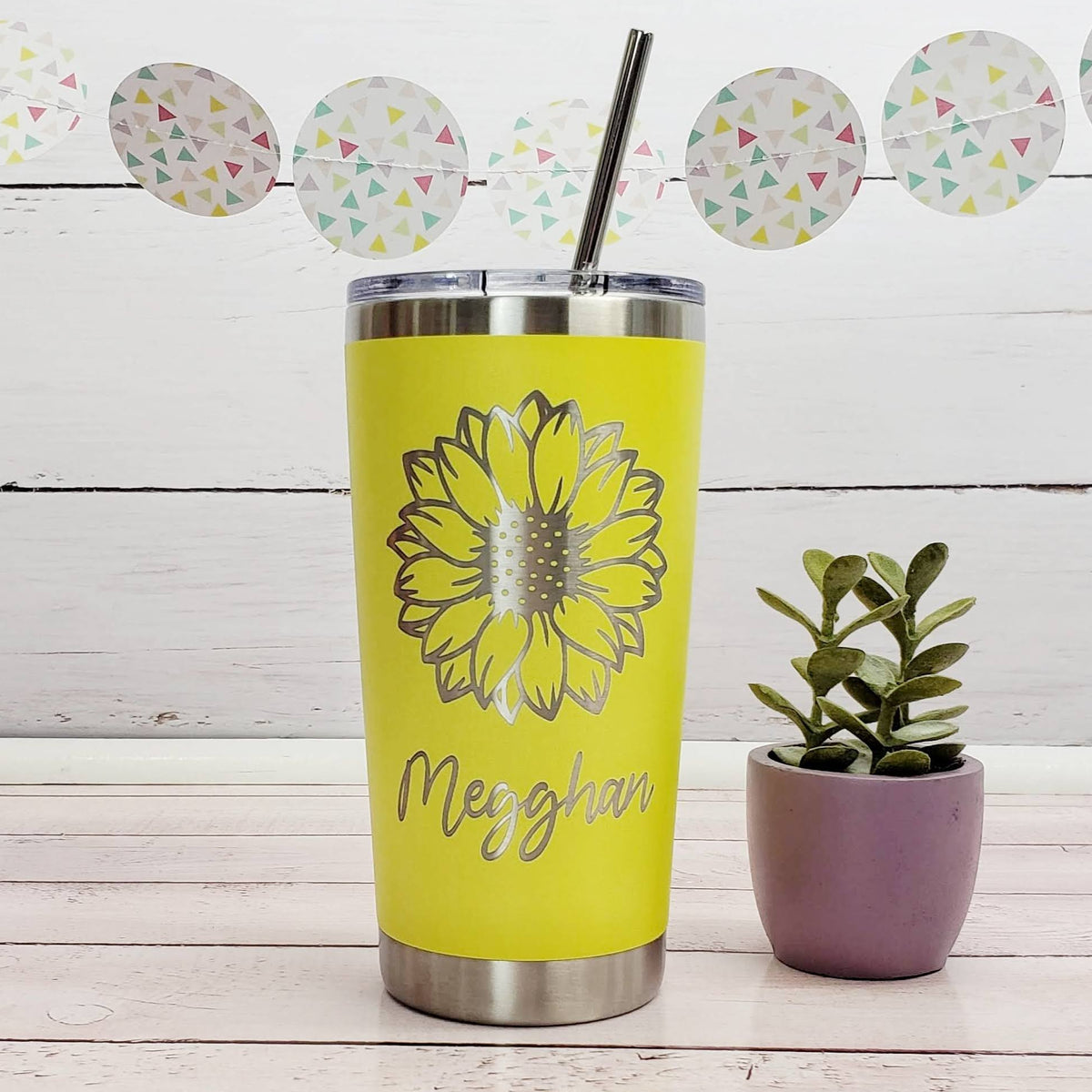 Sunflower Tumbler and Engraved Script Name - 20oz Hot Tumbler with Silver Stainless Straw Party Favors Candy Wrapper Store