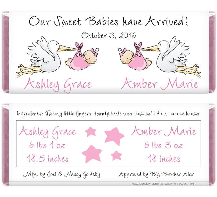 TWINS222girls - Twin Girls Storks Birth Announcement Wrapper Twin Girls Storks Birth Announcement Wrapper Birth Announcement Candy Wrapper Store